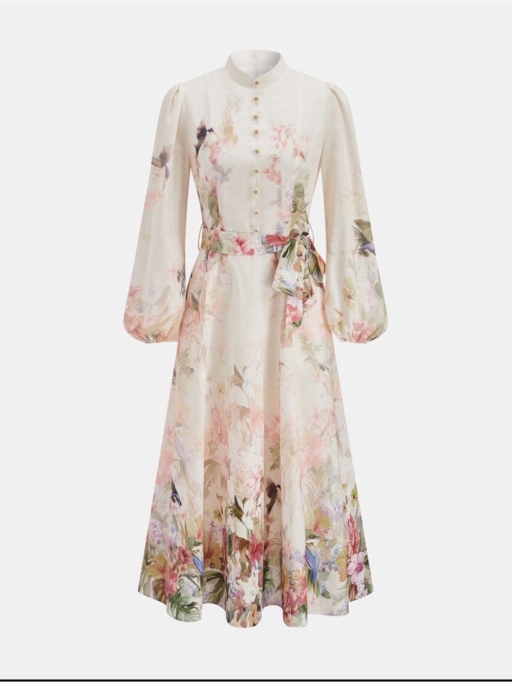 Commense Floral Print Belted Puffed Sleeve Maxi Dress S